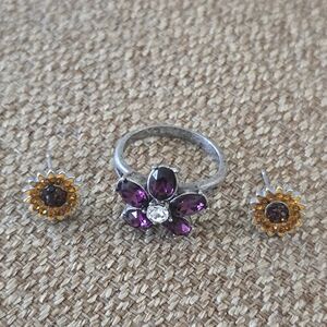 Macy's Purple Silver Floral Ring Sunflower Stud Earrings Set Size 6 New